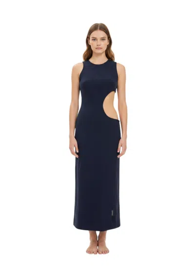 Off-white Blue Textured Crew Neck Midi Dress
