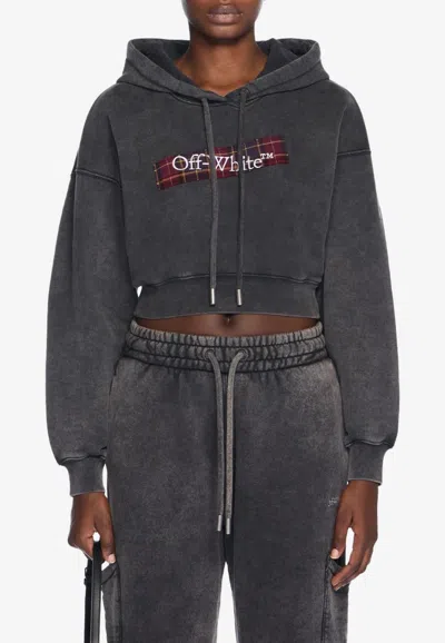 Off-white Bookish Flannel Logo Cropped Hoodie In Gray