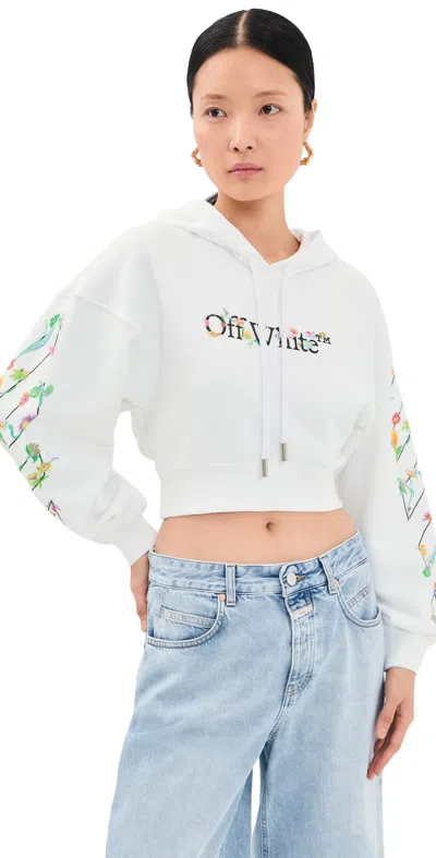 Off-white Cropped Hoodie Flower Motif Ribbed Trim In White