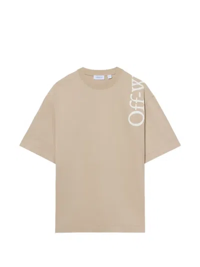 Off-white Beige Cotton Crewneck Tshirt With Printed Logo In Neutral