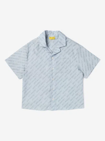 Off-white Kids'  Boys Logo Aop Bowling Shirt In Blue