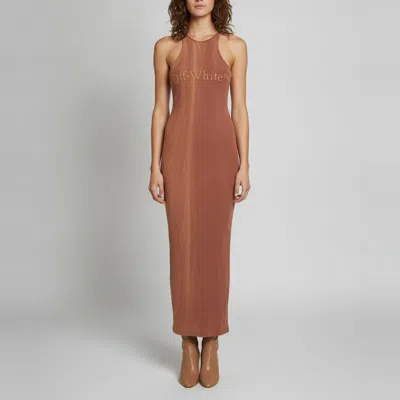 Pre-owned Off-white Brown Logo Print Rib Laundry Rowing Dress S
