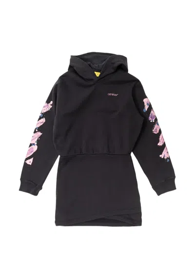 Off-white Kids' Brush-stroke-print Hoodie Mini Dress In Black