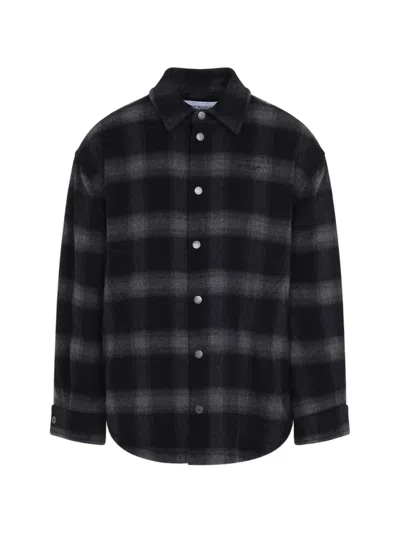 Off-white Flannel Wool Overshirt Padded Coat In Black