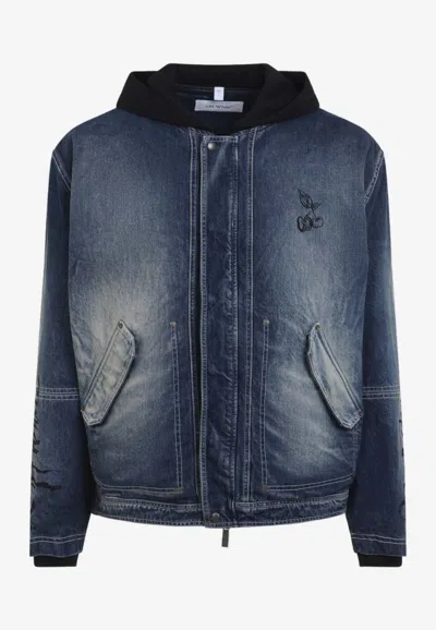 Off-white Cherry Fleece Denim Jacket With Hood In Blue