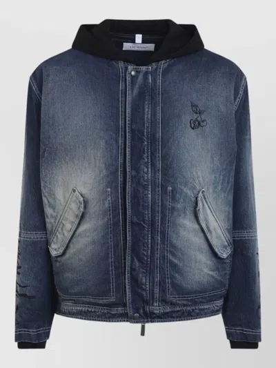 Off-white Cherry Fleece Denim Jacket With Hood In Blue