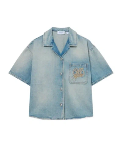 Off-white College Patch Denim S/s Shirt In Bleachobacco