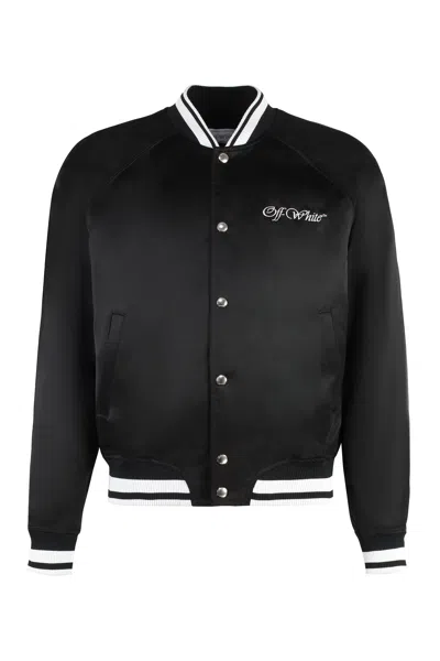 Off-white College Satin Bomber Jacket In Black