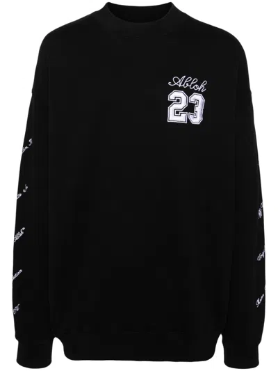 Off-white Cotton Crew-neck Sweatshirt With Embroidered Sleeves And Side Slits In Black
