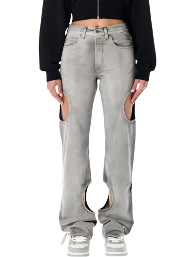 Off-white Cotton Denim Jeans With Thigh & Calf Cut-outs, Five-pocket Straight-leg Fit In Grigio