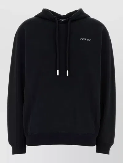 Off-white Cotton Hooded Sweatshirt Drawstring Hood Ribbed Trims In Black