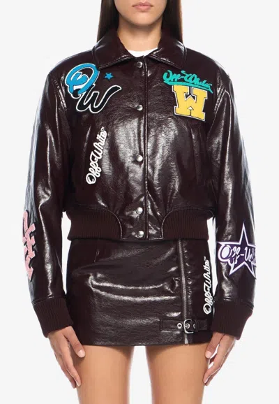 Off-white Crinkled Coated Varsity Jacket In Brown