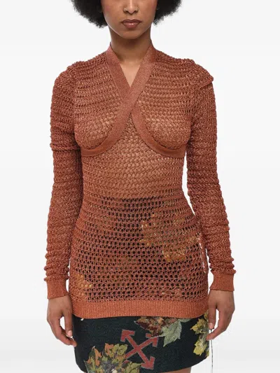 Off-white Criss-cross Detail Net Sweater In Brown