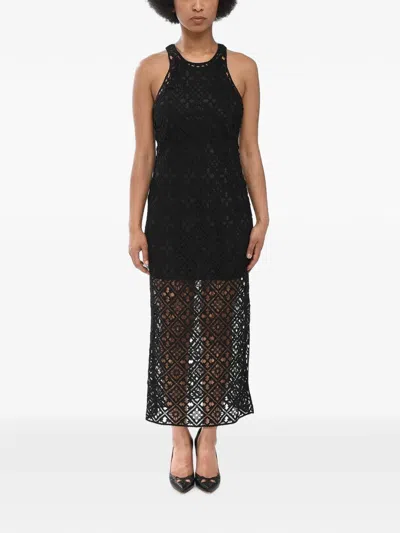 Off-white Crochet-knit Sleeveless Dress In Black