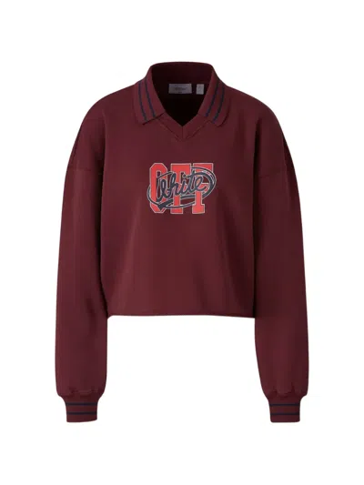 Off-white Cropped Cotton Hoodie In Burgundy