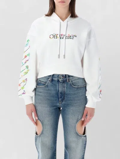 Off-white Cropped Hoodie Flower Motif Ribbed Trim