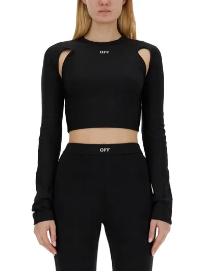 Off-white Cropped Top With Cut-out Shoulder Details In Black