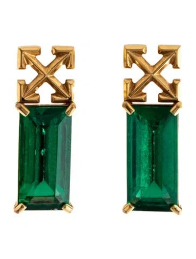 Pre-owned Off-white Crystal Arrow Drop Earrings In Green