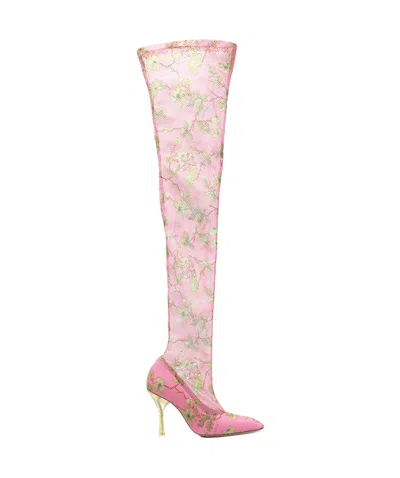 Off-white Crystal Floral Mesh Thigh-high Boots In Pink