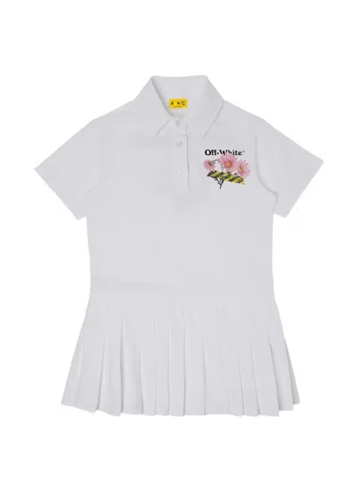 Off-white Kids' Daisy Tape Floral-print Pleated Dress In White