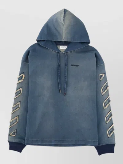 Off-white Denim Hooded Jacket Distressed Drawstring Detail In Blue