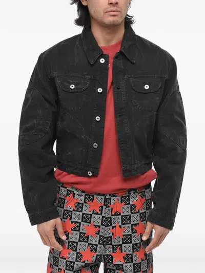 Off-white Denim Jacket Garmdyed With Rear Zip In Black