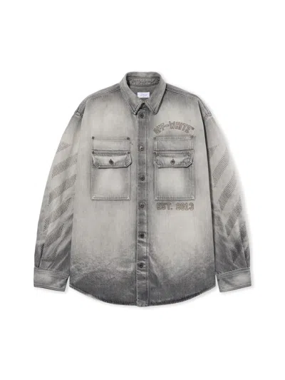 Off-white Diagonal Embroidered Denim Military Overshirt In Gray