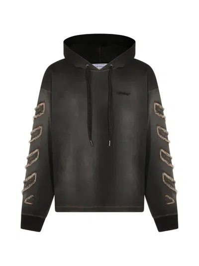 Off-white Frayed Detailed Drawstring Hoodie In Black