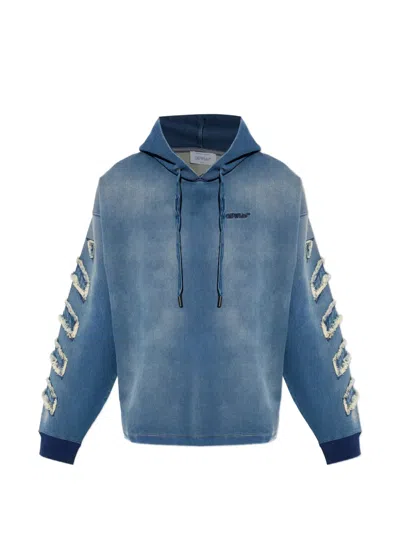 Off-white Denim Hooded Jacket Distressed Drawstring Detail In Blue