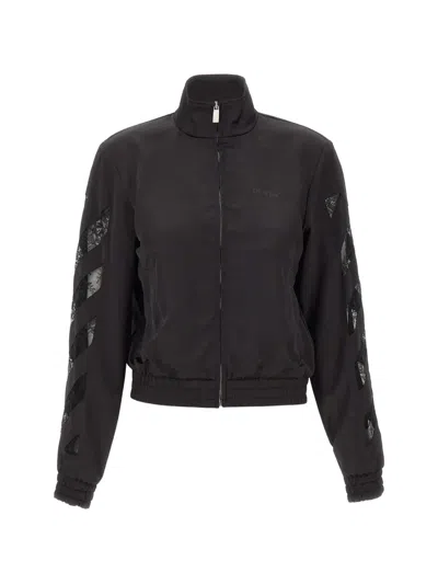 Off-white Diagonals Lace Satin Track Jacket In Black