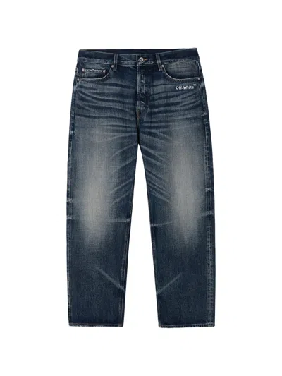 Off-white Diagonals Logo-print Whiskered Straight-leg Jeans In Blue