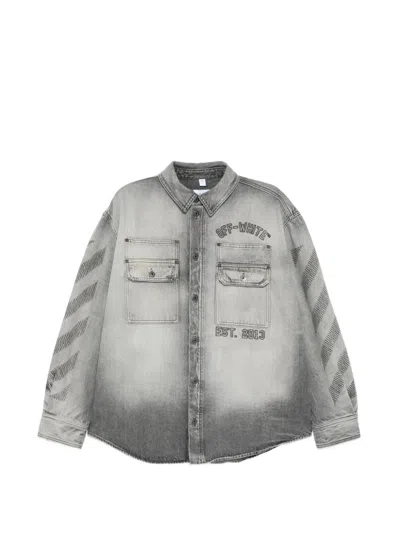 Off-white Diagonals-print Embroidered Denim Military Jacket In Gray