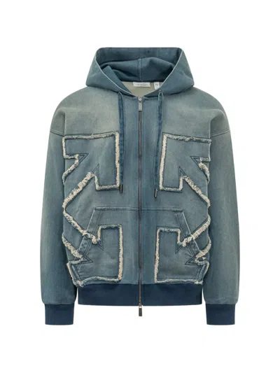 Off-white Frayed Detailed Zip-up Denim Hoodie In Green