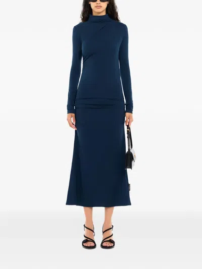 Off-white Draped Turtleneck Midi Dress In Blue