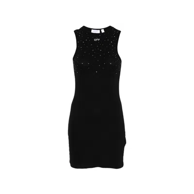 Off-white Ribbed Swarovski Crystal Slim Mini Dress In Black
