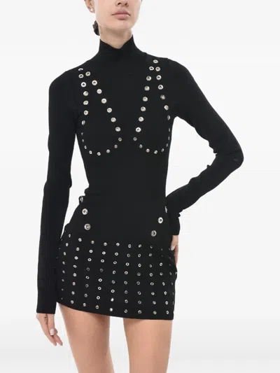 Off-white Eyelet-embellished Knit Mini Dress In Black