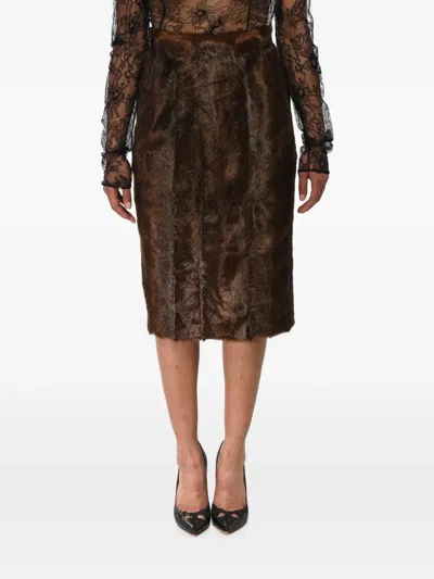 Off-white Faux-fur Pencil Midi Skirt In Brown