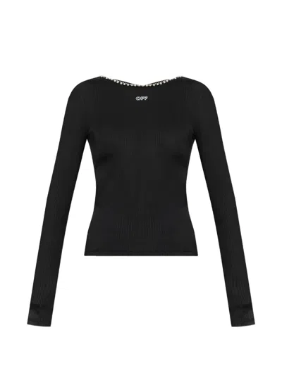 Off-white Faux-pearl Embellished Ribbed Top In Black