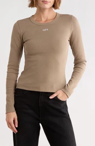 Off-white Fitted Long Sleeve Ribbed Crop T-shirt In Brown