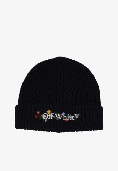 Off-white Floral Bookish Ribbed Beanie In Black