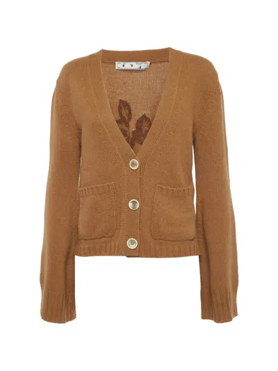 Pre-owned Off-white Floral-embroidered Knit Cardigan In Brown