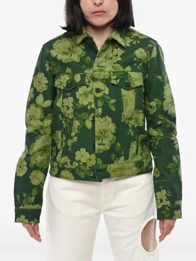 Off-white Floral-print Denim Jacket In Green