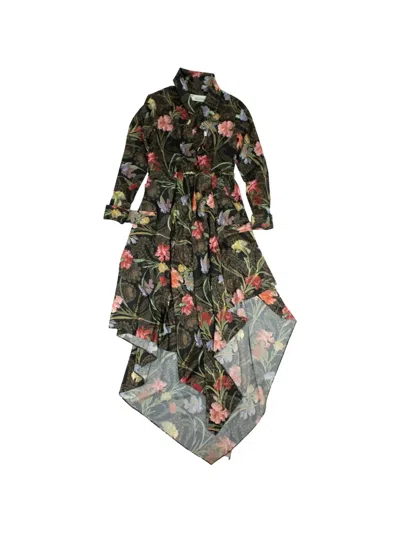 Off-white Floral-print Draped Midi Dress In Black