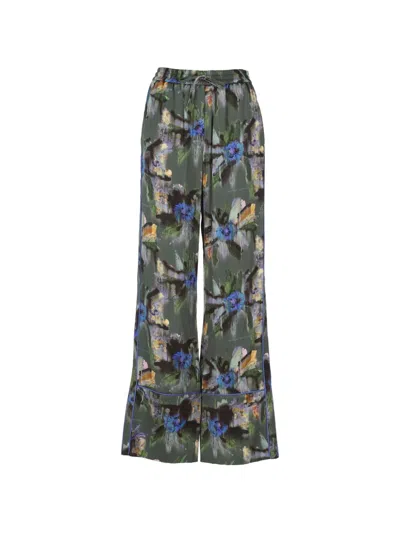 Off-white Floral-print Wide-leg Trousers In Green