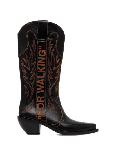 Off-white For Walking Embroidered Cowboy Boots In Black