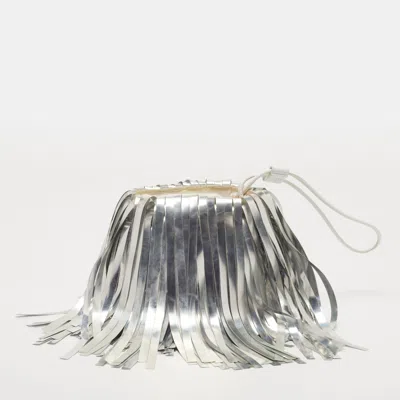 Pre-owned Off-white Fringe Drawstring Silver Patent Leather Wristlet Pouch