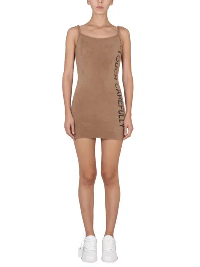 Off-white Fuzzy Mini Dress With Round Neckline In Brown
