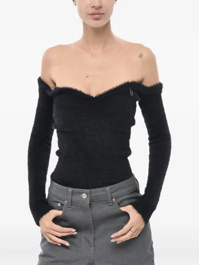 Off-white Fuzzy Sweetheart-neckline Sweater In Black