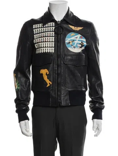 Pre-owned Off-white Goat Leather Graphic Print Bomber Jacket W/ Tags In Black
