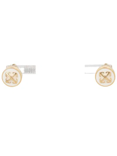 Off-white Gold Oval Brass Enamel Earrings In Multi